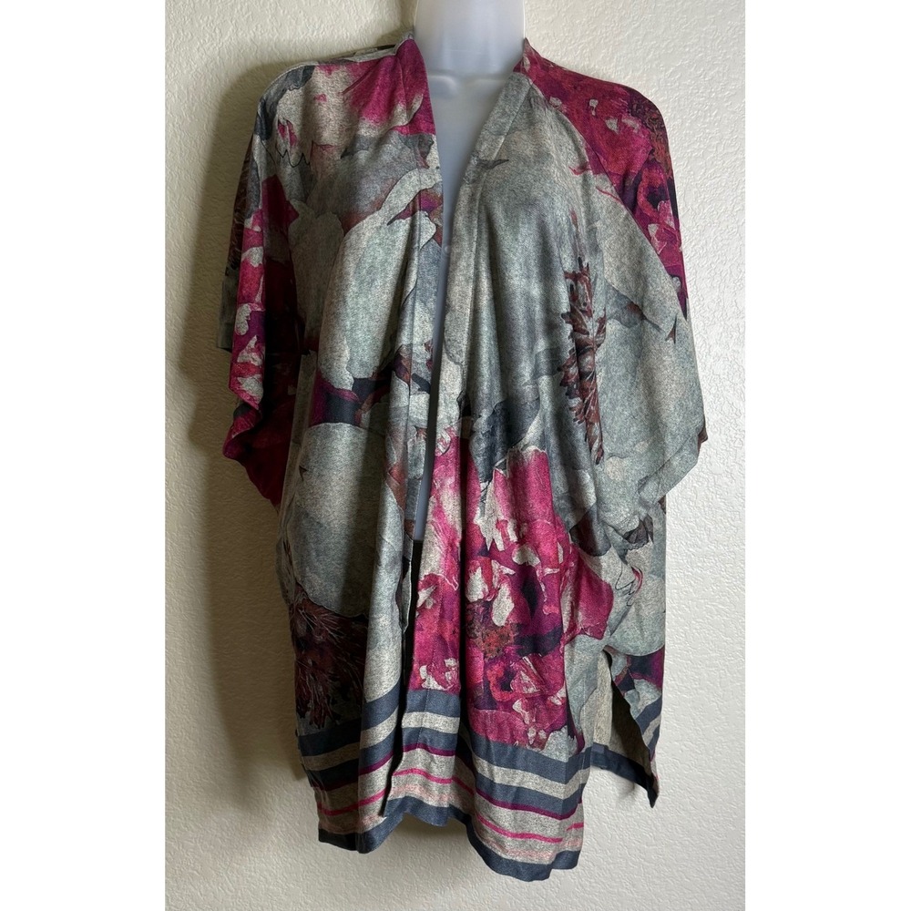 Chicos Womens S/M Kimono Cardigan Grey Pink Floral Open Front Lightweight Chic